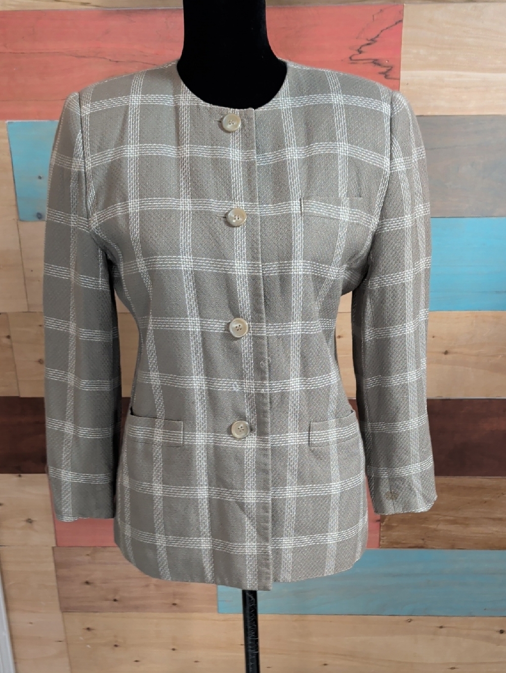 Womens Taupe Plaid Round-Neck Blazer Jacket